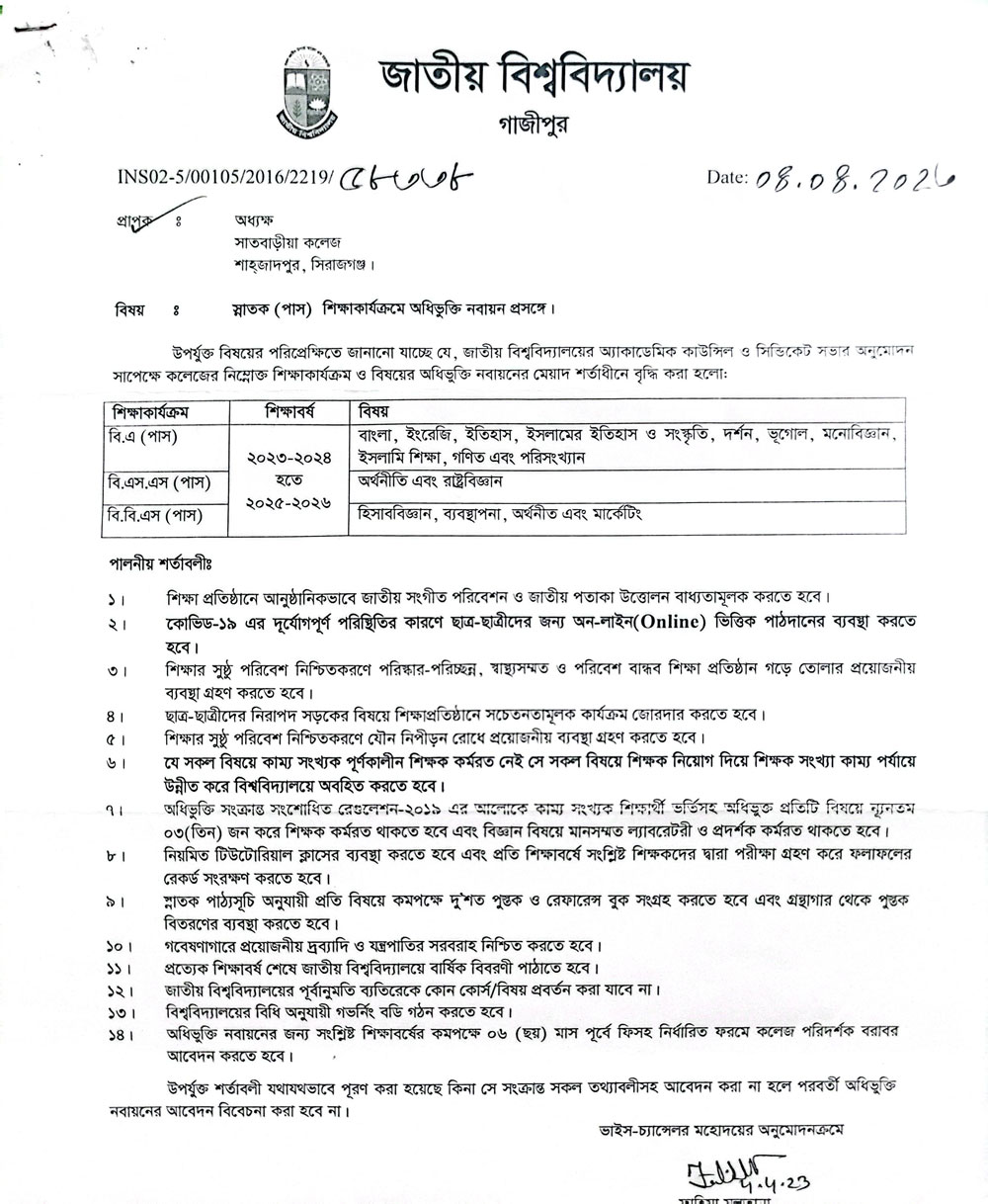 জাতীয় বিশ্ববিদ্যালয়ের অধিভুক্তি নবায়ন